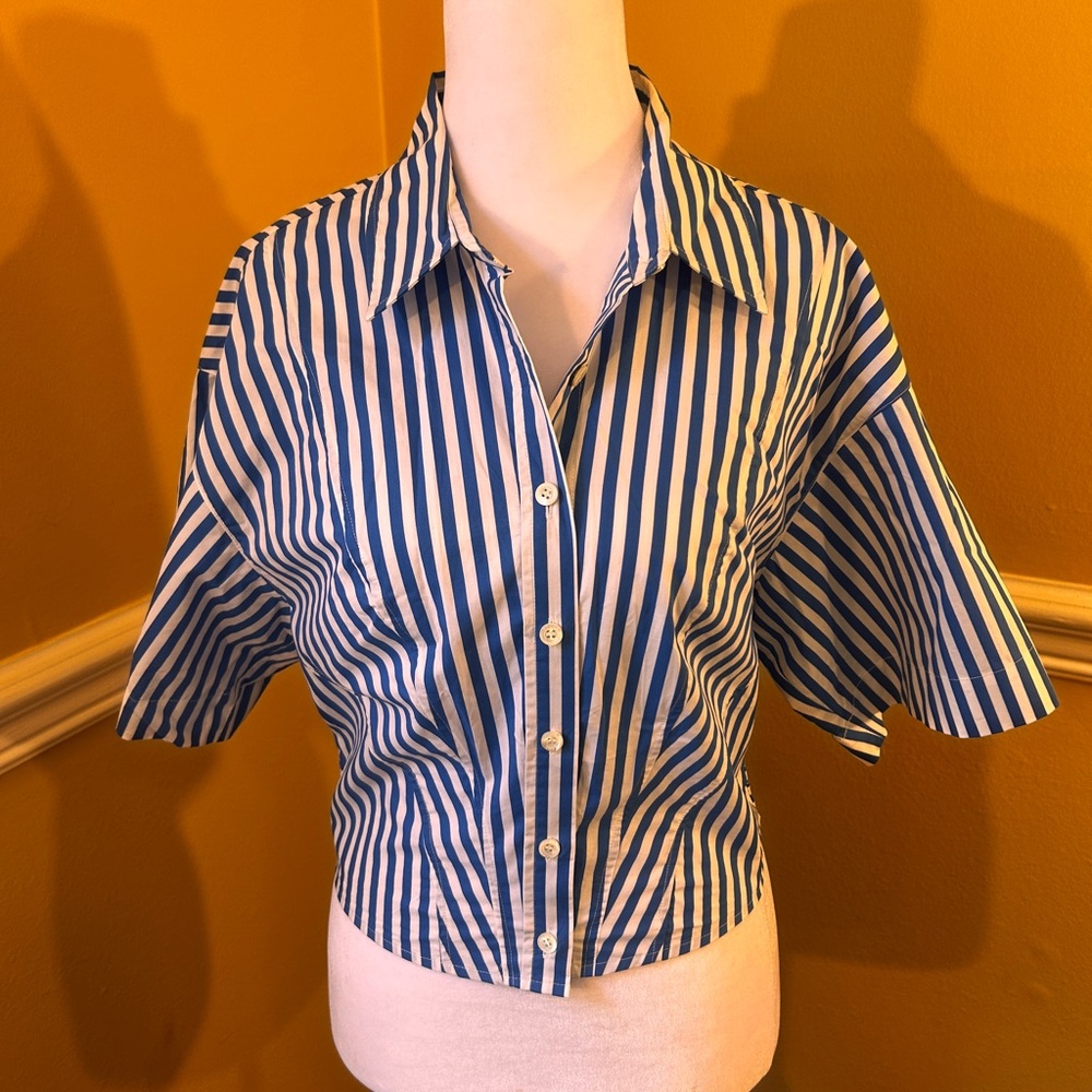 Frame Denim Striped Collared Crop Shirt